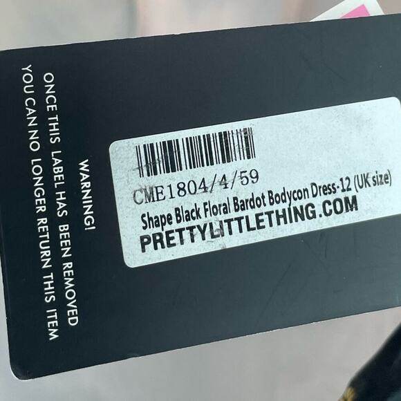 NWT Pretty Little Thing Black Floral Bardot Bodycon Mini Dress US 8 UK 12 - Picture 6 of 8